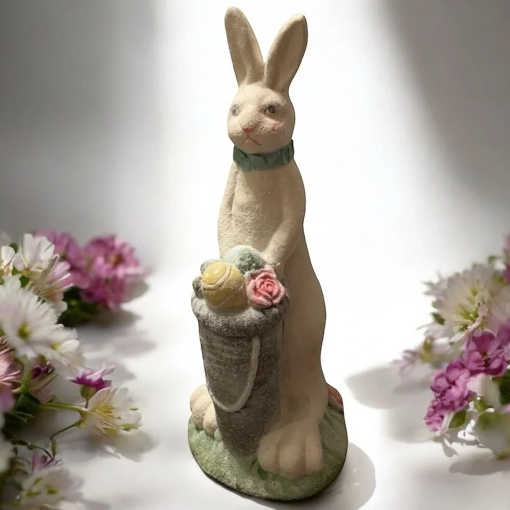 Vintage Rabbit Spring Easter Egg Basket Figurine Pier 1 White Pink Gray Blue
